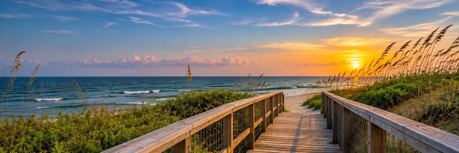 Boardwalk leading through coastal dunes toward the water at sunset